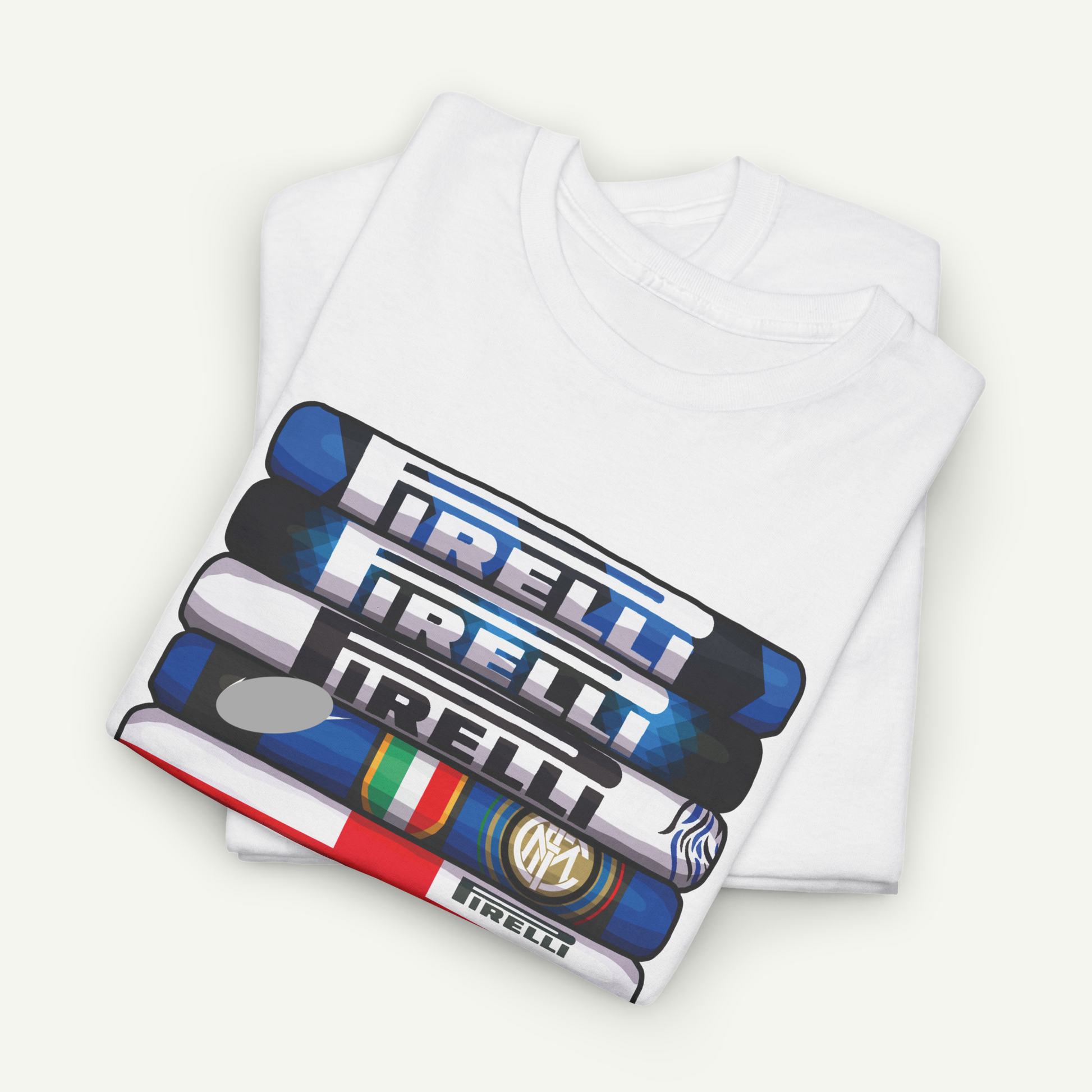 A white t-shirt with a graphic design featuring the text "IRELL" in various colors and styles, including a blue and white striped pattern, a red and white striped pattern, and a blue and white checkered pattern.