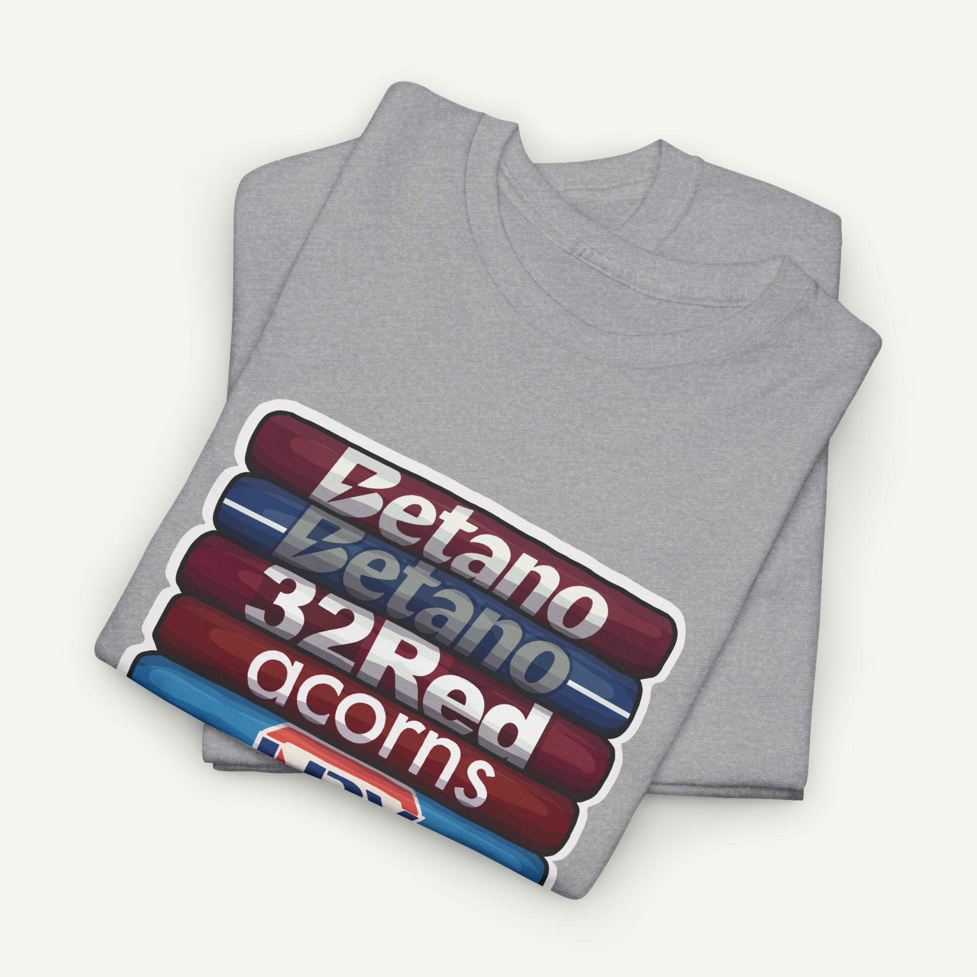 A gray t-shirt with a graphic design featuring a stack of colored pencils with the text "Betano 32Red acorns" printed on it.