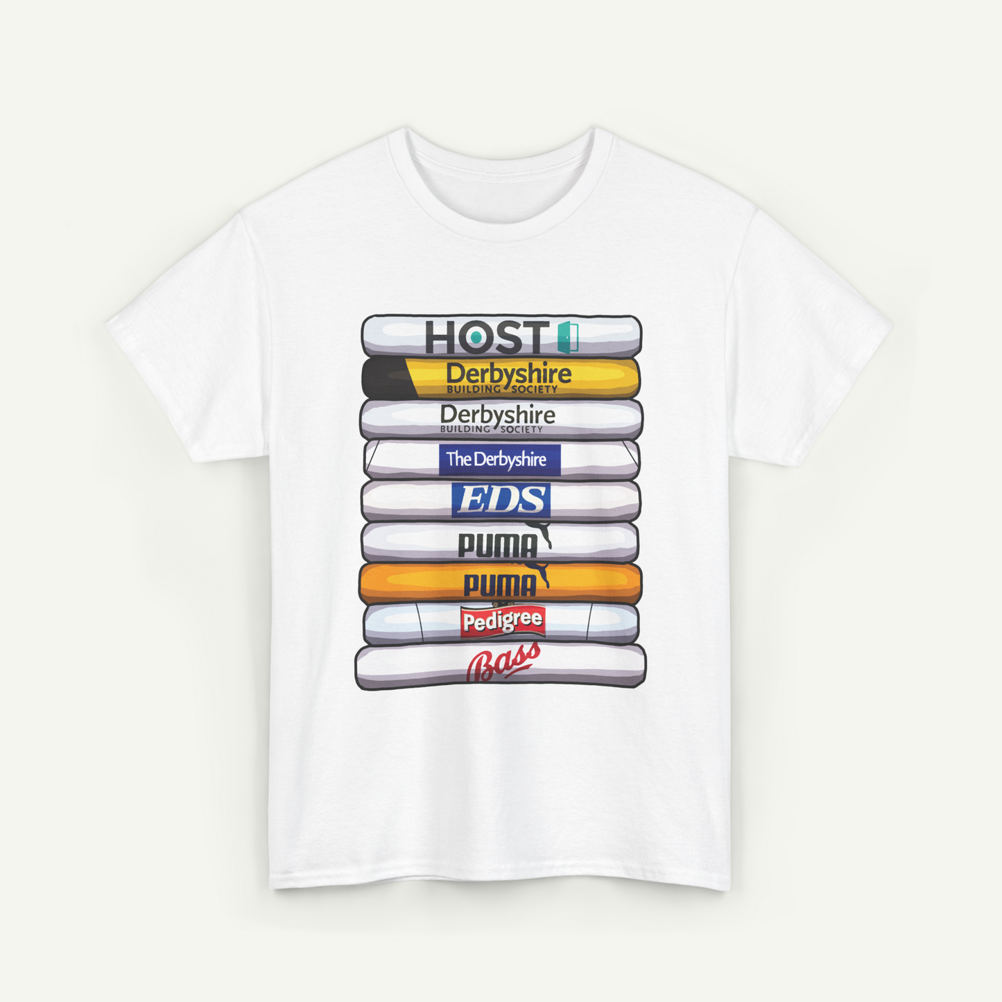 A white t-shirt with a graphic design featuring a stack of colorful bars with various logos and text on them.
