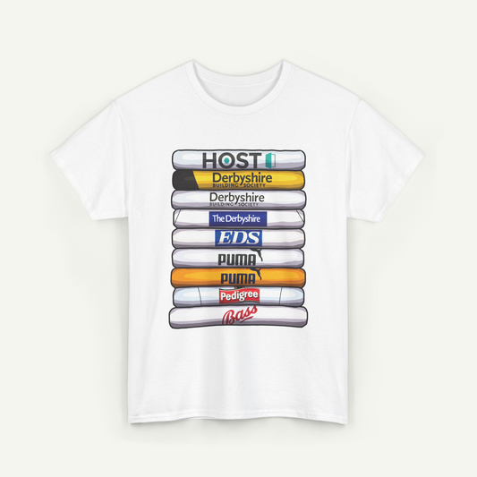 A white t-shirt with a graphic design featuring a stack of colorful bars with various logos and text on them.