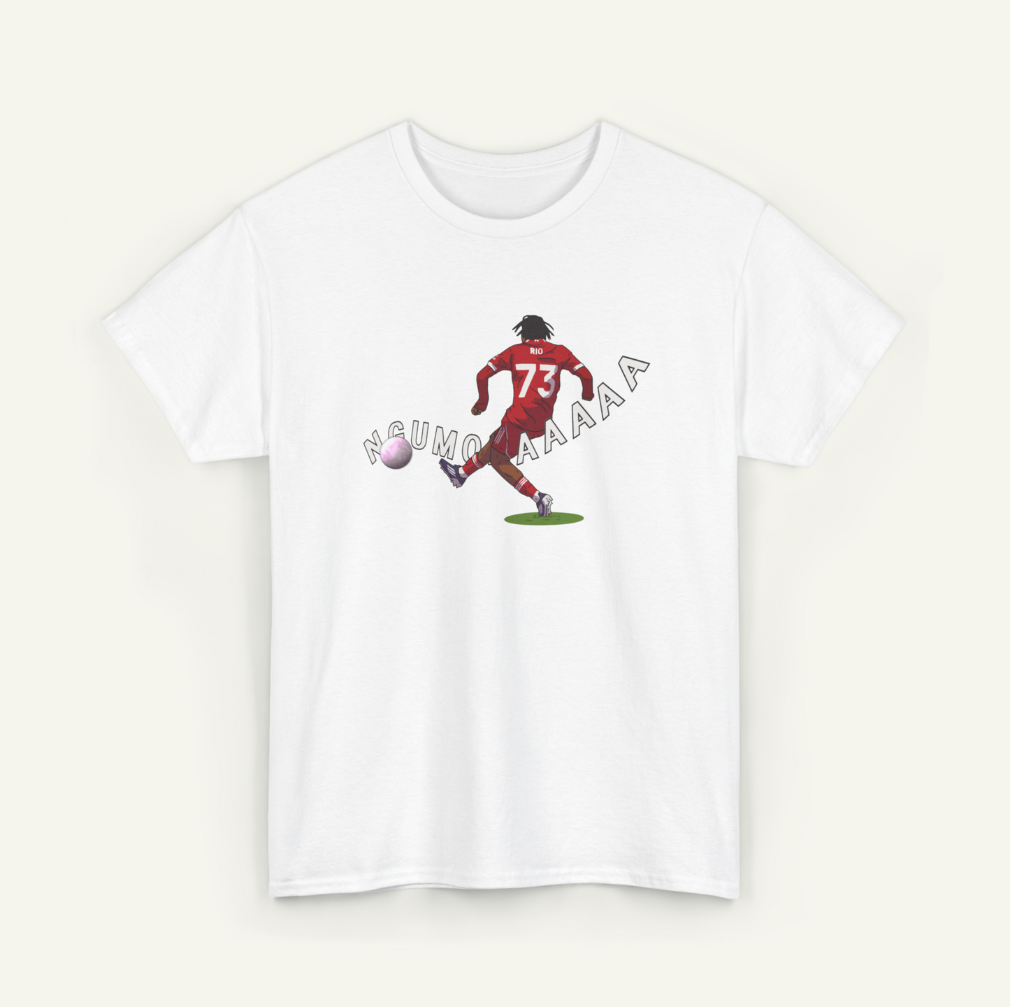 A white t-shirt with a graphic design depicting a soccer player kicking a ball.