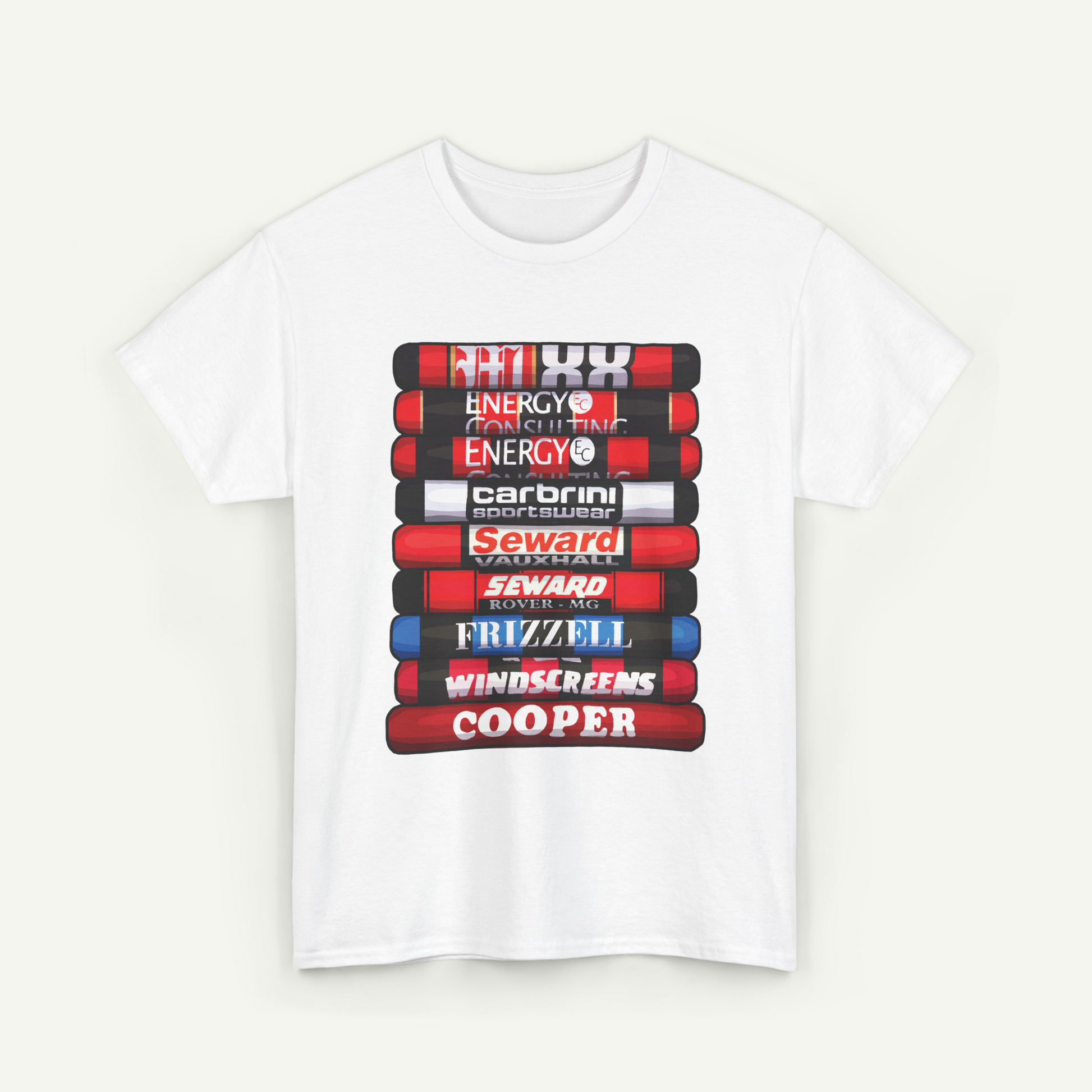 A white t-shirt with a graphic design featuring a stack of red and black tubes with various company names written on them.