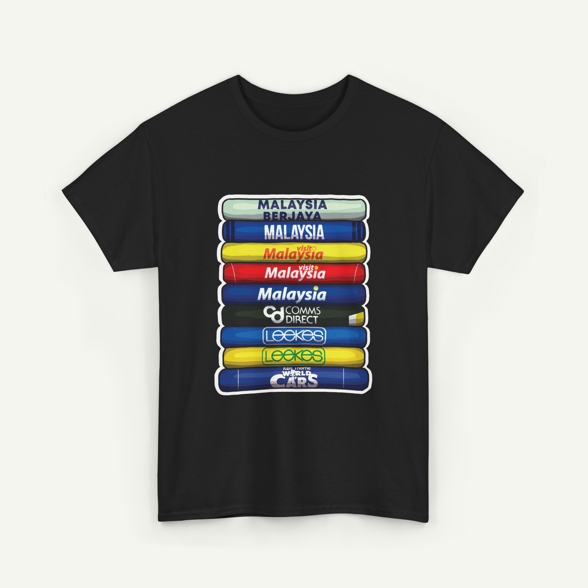 A black t-shirt with a graphic design depicting a stack of colorful tubes or bottles, each representing a different country or brand from around the world.
