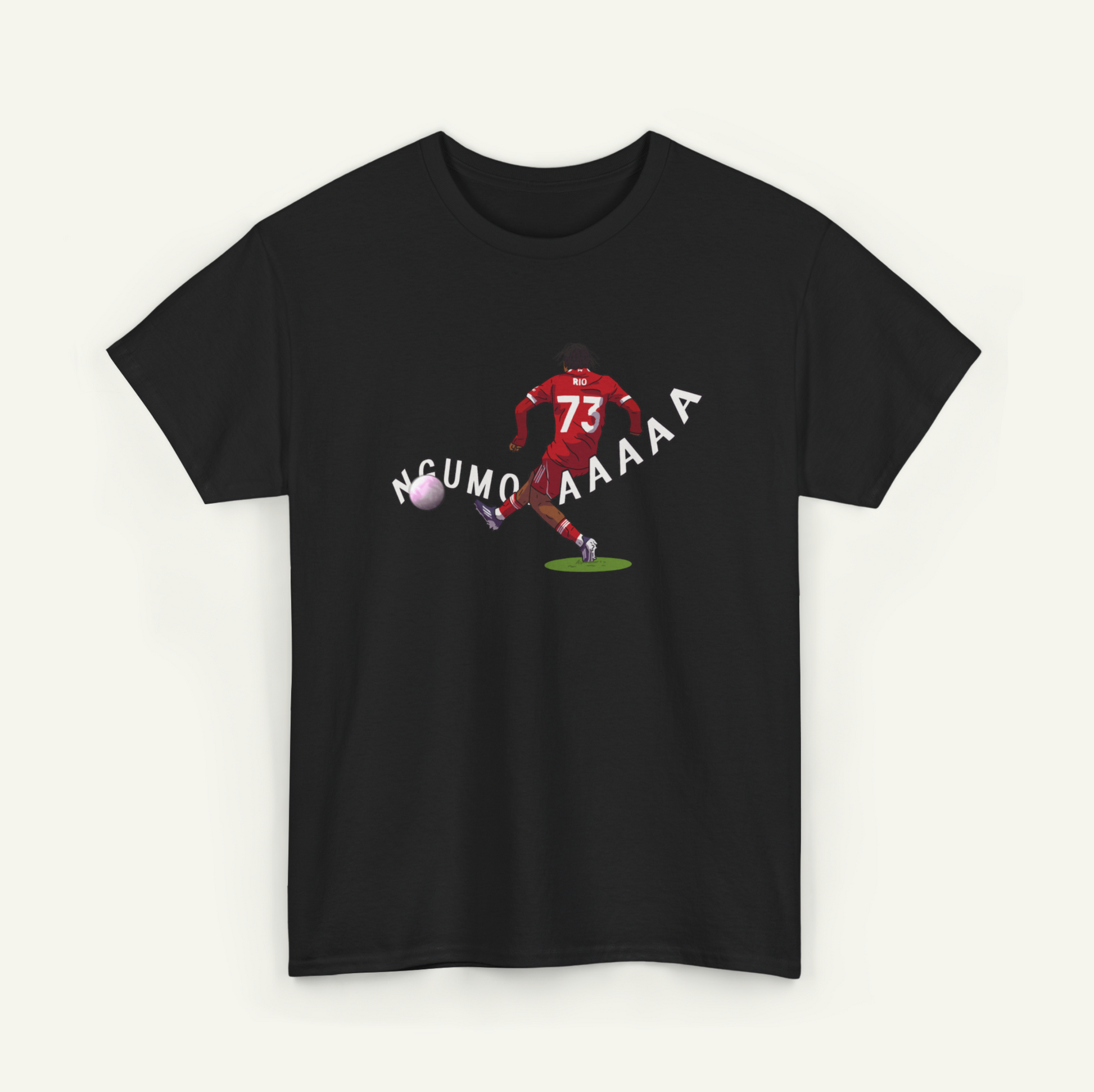 A black t-shirt with a graphic design depicting a soccer player kicking a ball, with the text "NCUMO AAAA" written across the image.