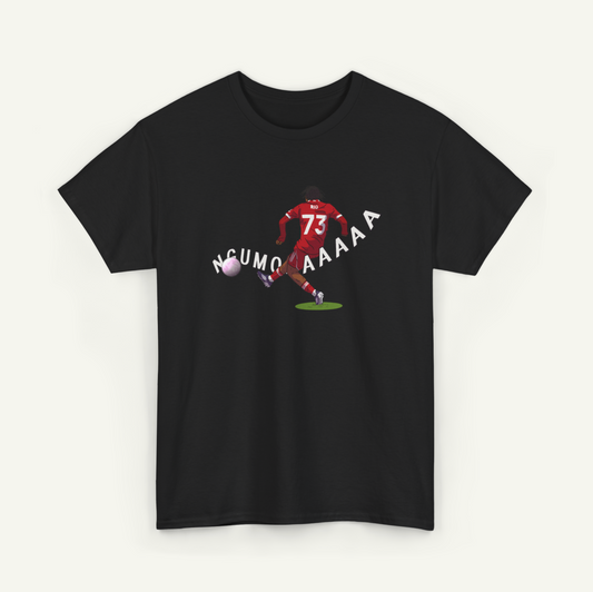 A black t-shirt with a graphic design depicting a soccer player kicking a ball, with the text "NCUMO AAAA" written across the image.