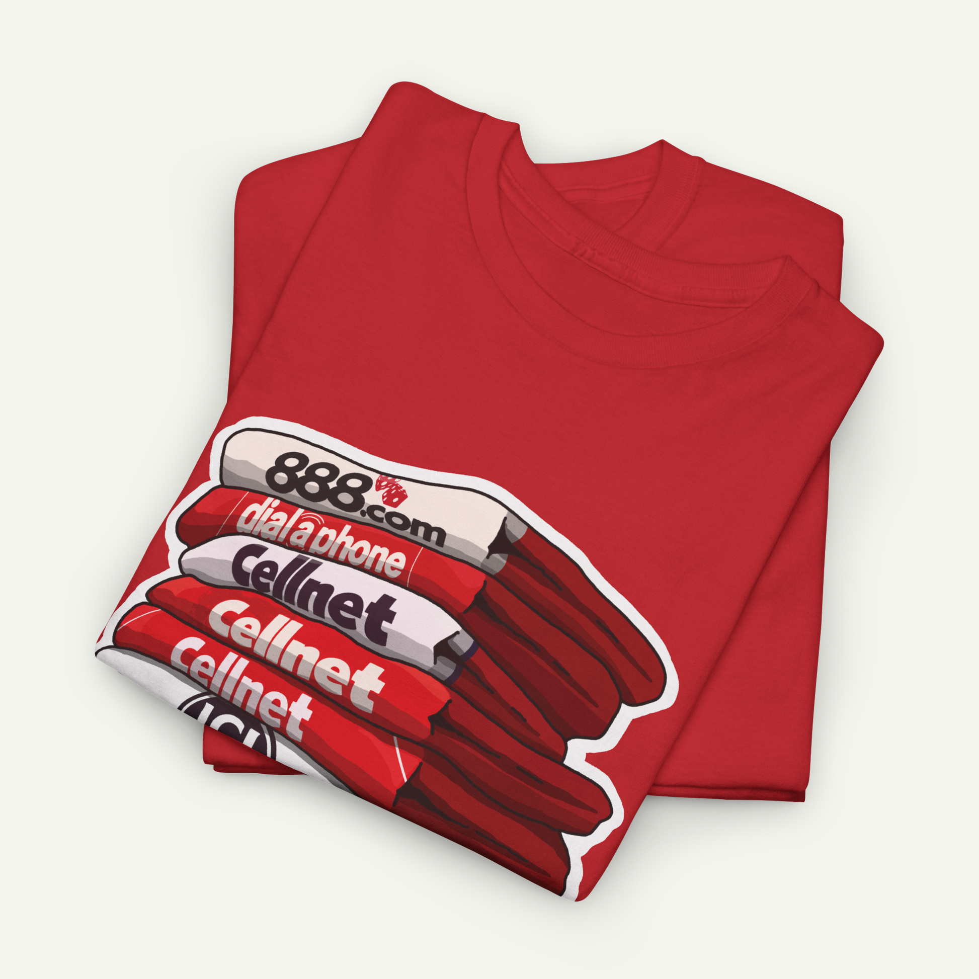 A red t-shirt with a graphic design featuring a stack of red and white striped objects, along with the text "888 Cellnet Cellnet Cellnet" printed on it.