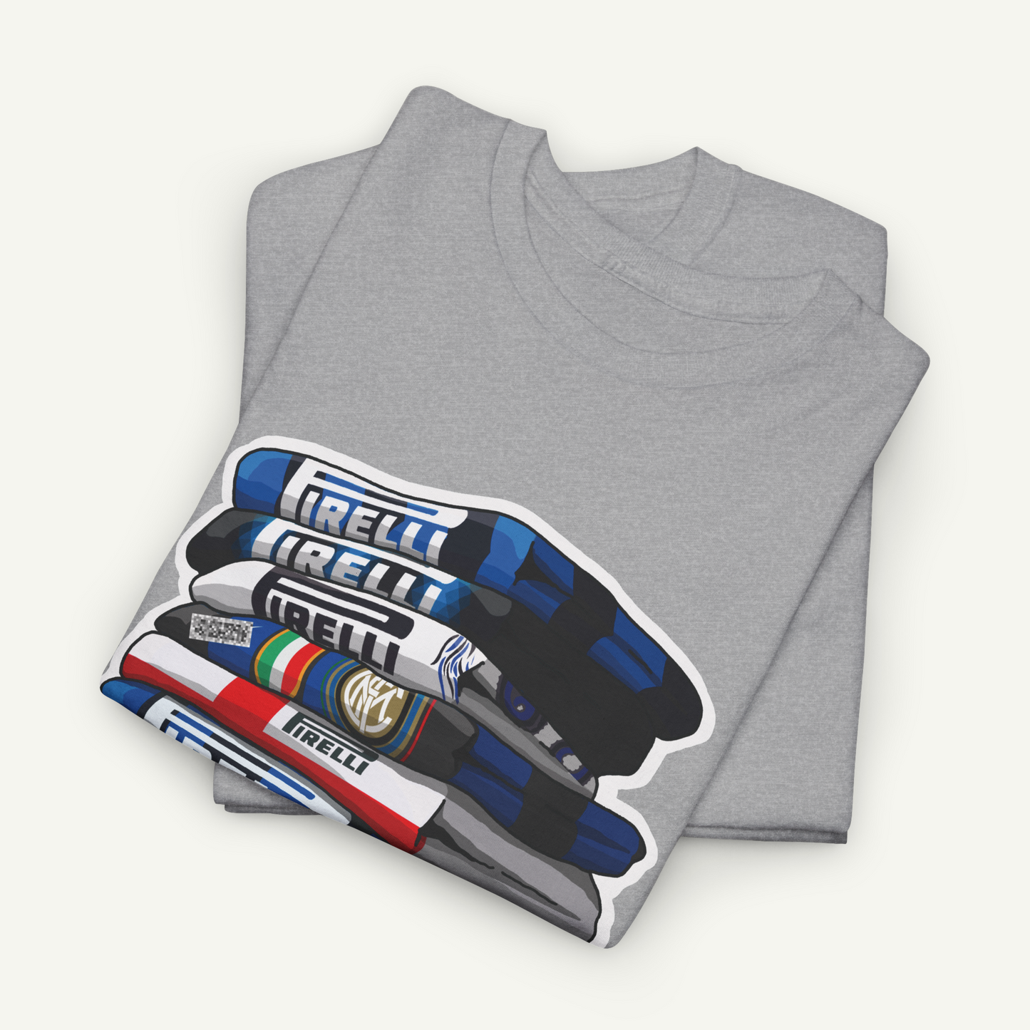 A gray t-shirt with a graphic design depicting a stack of blue and white pens.