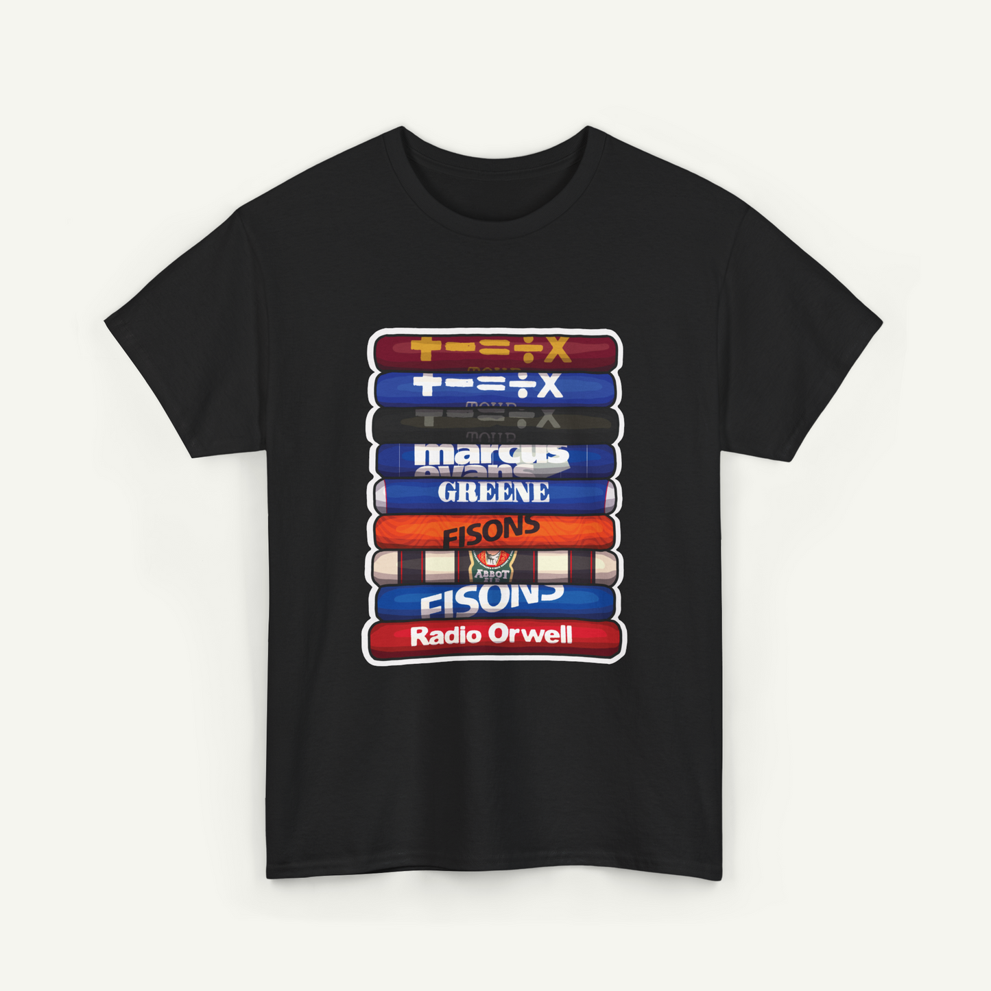 A black t-shirt with a graphic design depicting a stack of colorful books with the text "Radio Orwell" printed on them.