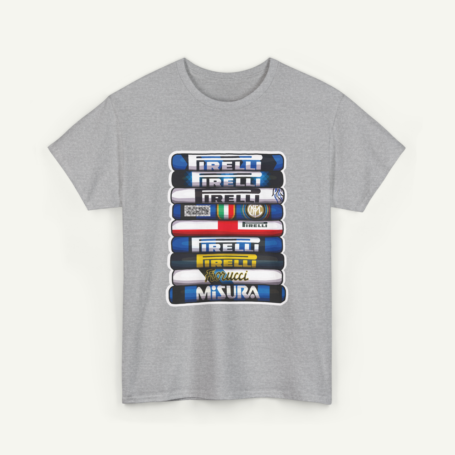 A gray t-shirt with a graphic design featuring a stack of various logos and text related to racing and motorsports.