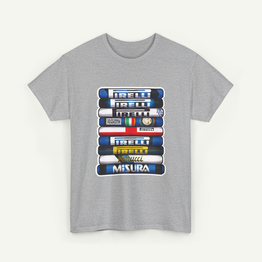 A gray t-shirt with a graphic design featuring a stack of various logos and text related to racing and motorsports.