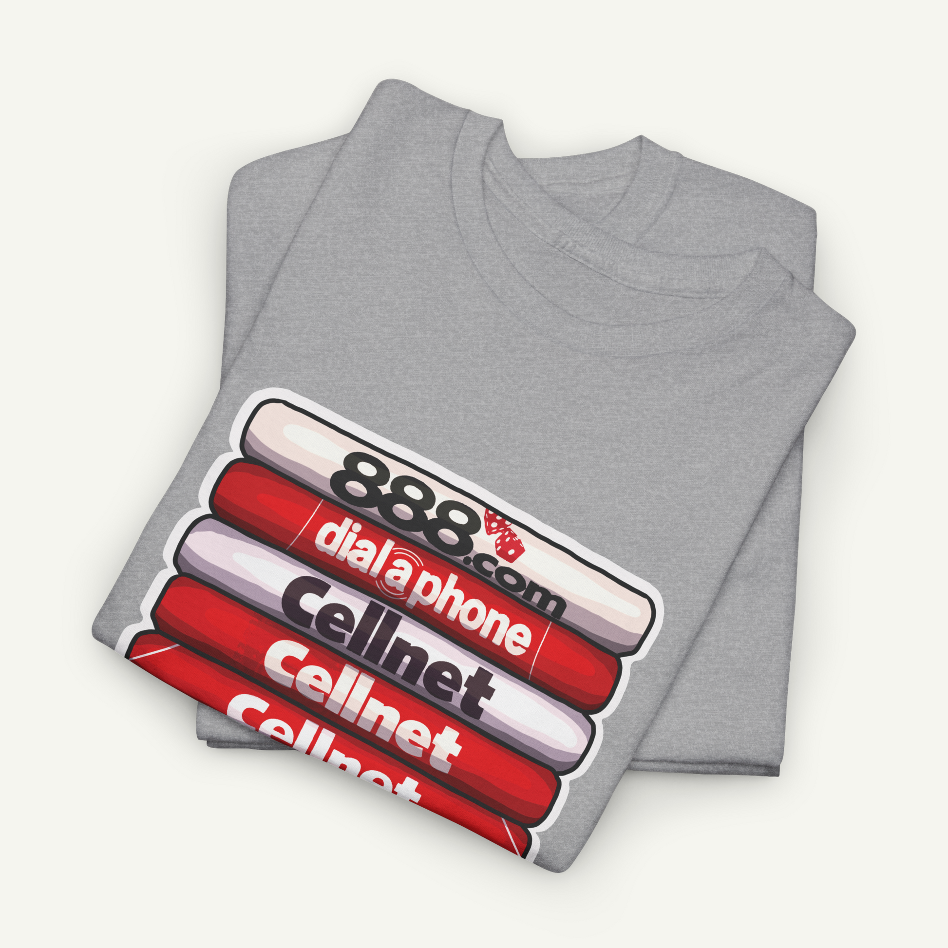 A gray t-shirt with a graphic design featuring a stack of red and white books with the text "888 dial-a-phone" printed on them.