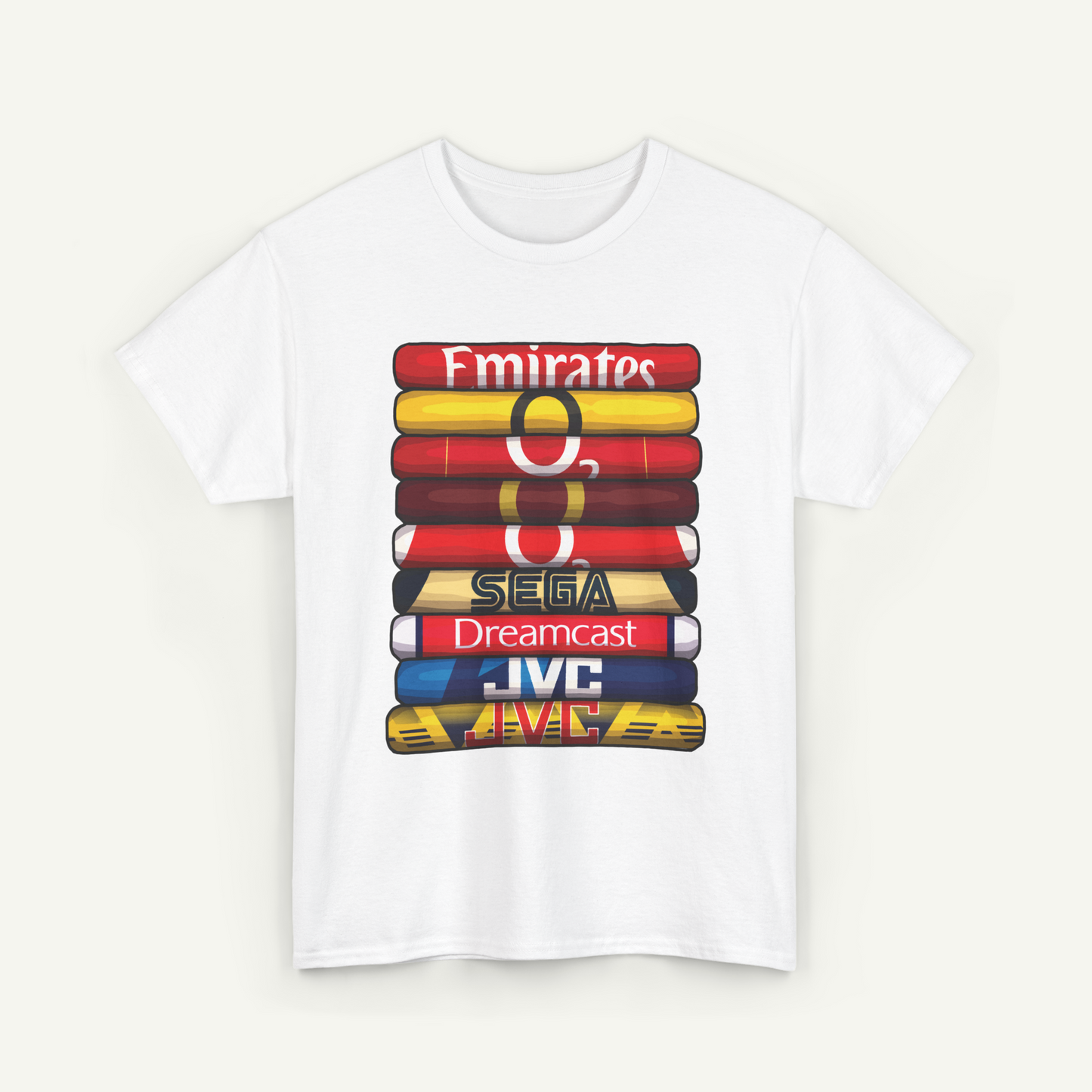 A white t-shirt with a graphic design featuring a stack of colorful tubes or cylinders, each representing a different brand or company.