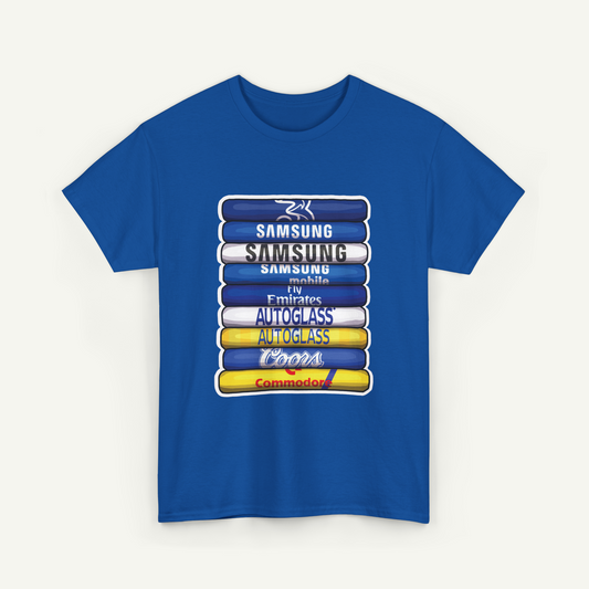 A blue t-shirt with a graphic design featuring a stack of colored blocks, each with a different brand name written on it.