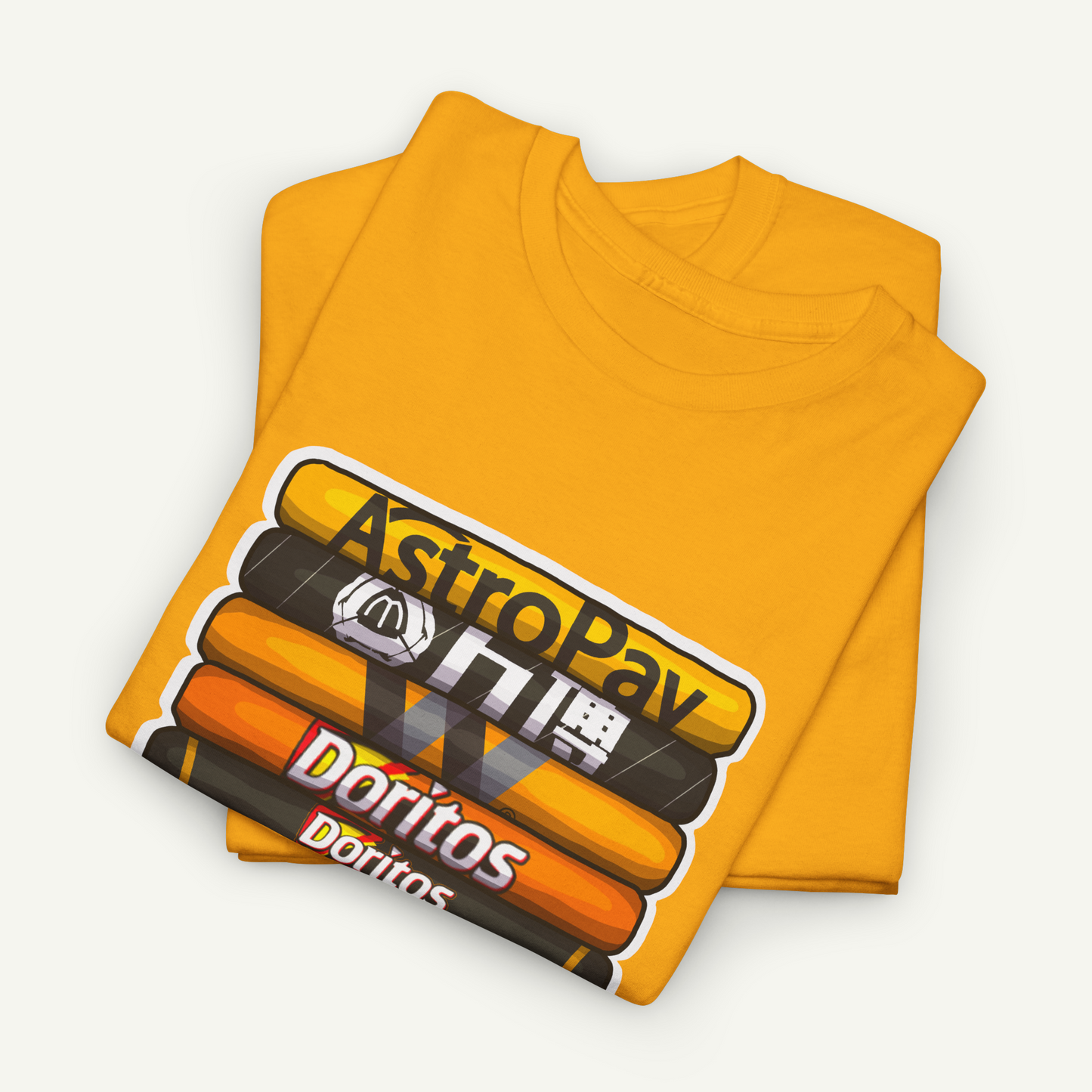 a yellow t-shirt with a graphic design featuring the logos of Doritos and AstroPay.