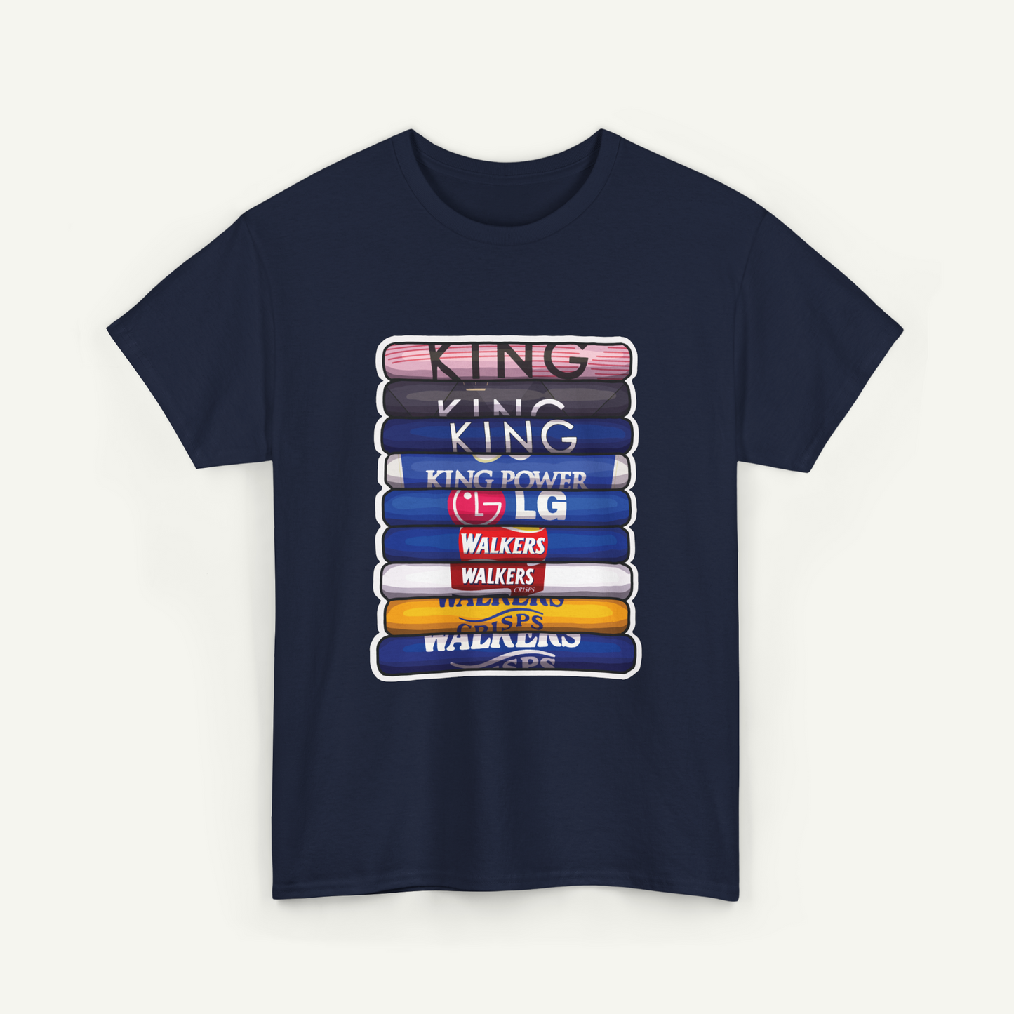 A navy blue t-shirt with a graphic design featuring a stack of colorful bars with text on them.