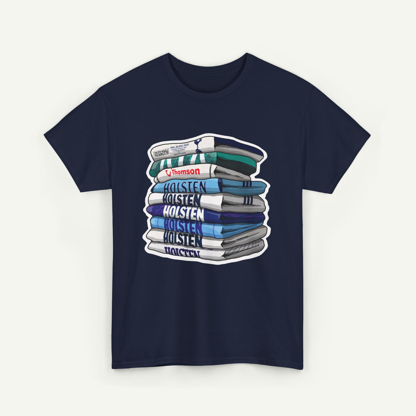 A navy blue t-shirt with a graphic design depicting a stack of books with the text "Holsten" printed on them.