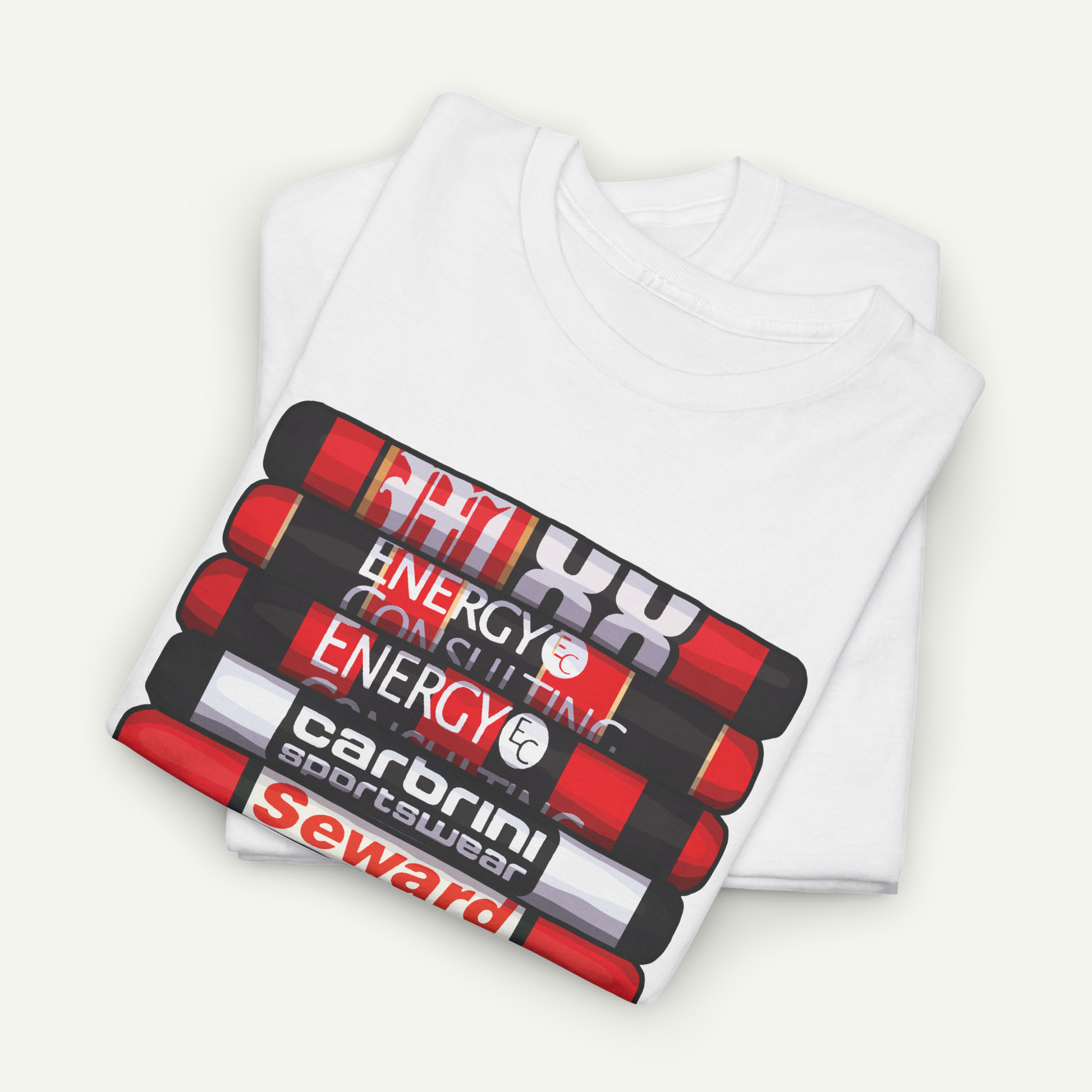 A white t-shirt with a graphic design featuring a stack of red and black tubes or cylinders with the text "CARBRINI sportswear" printed on them.