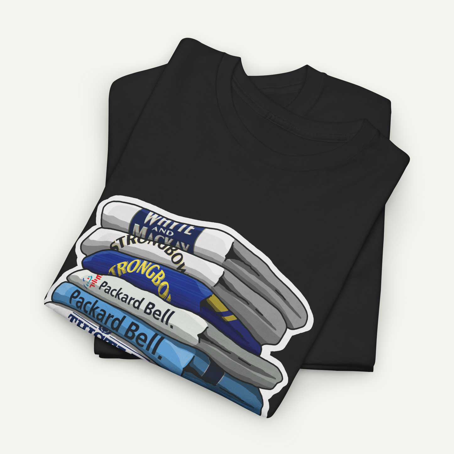 A black t-shirt with a graphic design depicting a stack of colorful markers or highlighters.