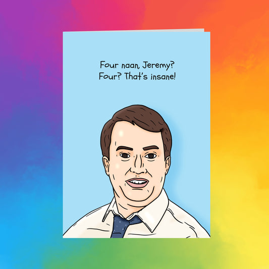 The image is a cartoon of a man with a serious expression, wearing a tie and standing against a colorful background.