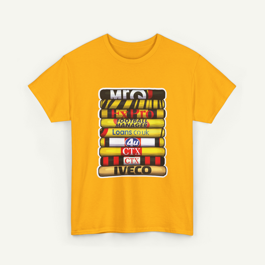 A yellow t-shirt with a graphic design featuring a stack of colorful tubes or tubes with various text and logos printed on them.