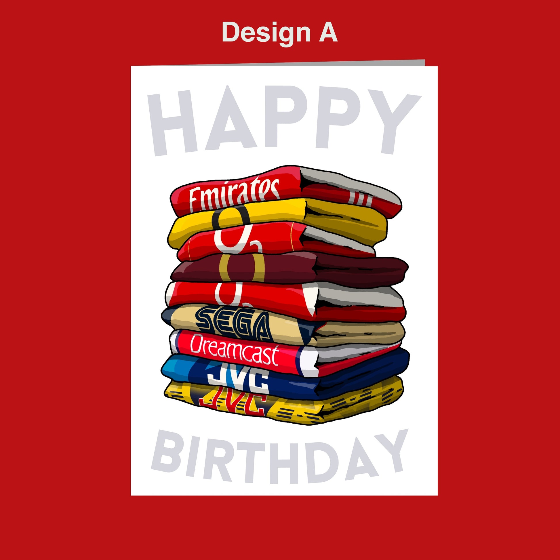 A stack of colorful jerseys piled on top of each other, with the text "Happy Birthday" displayed below.