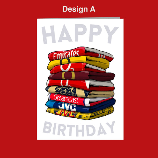 A stack of colorful jerseys piled on top of each other, with the text "Happy Birthday" displayed below.