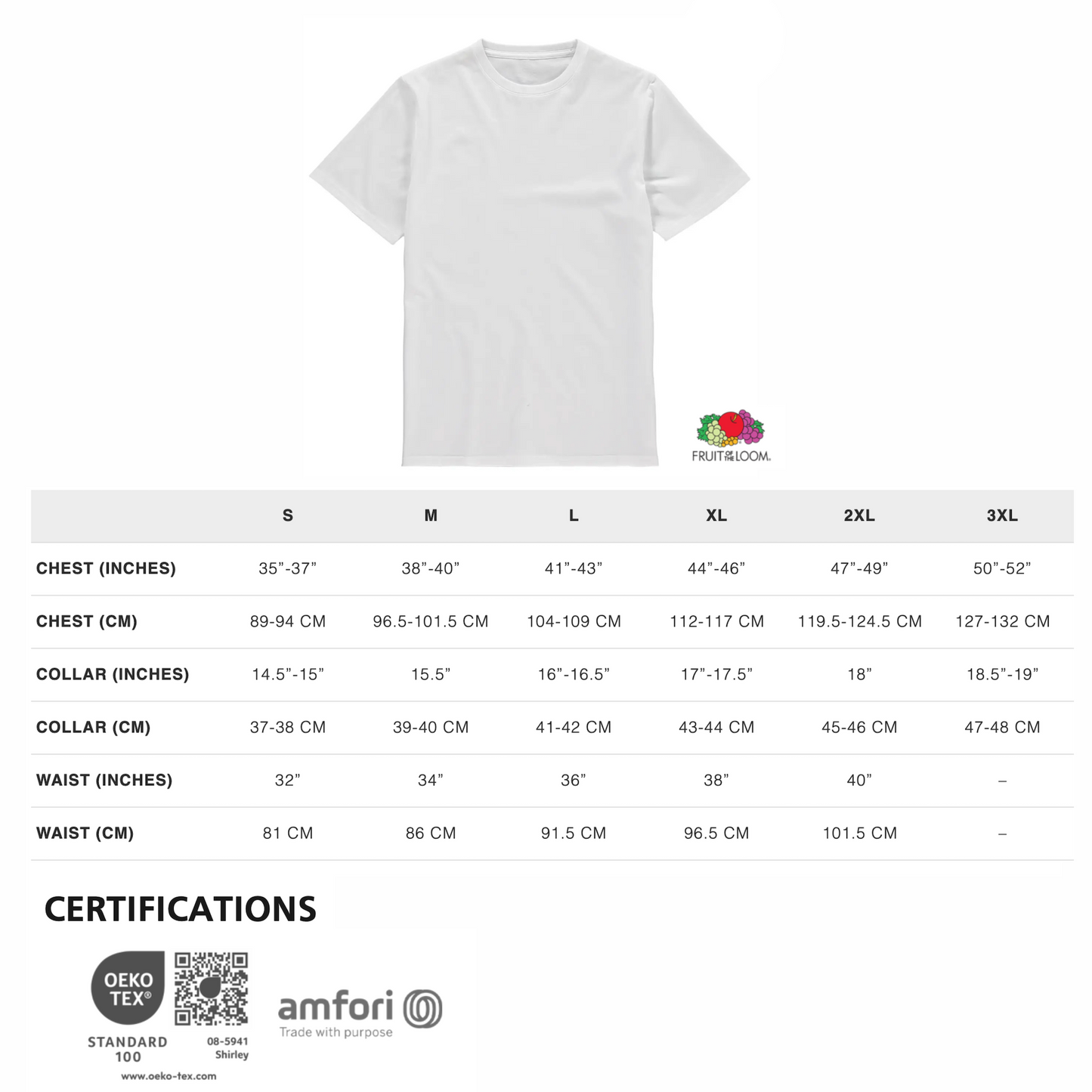a white t-shirt with size and collar information printed on it.