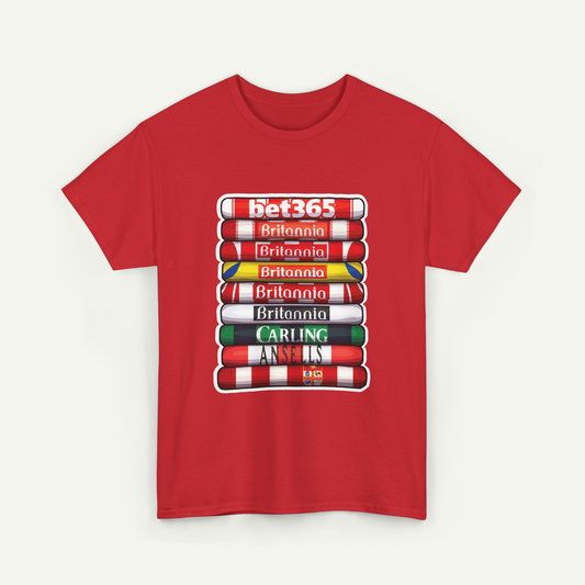 A red t-shirt with a graphic design depicting a stack of colored tubes, each representing a different country or team.