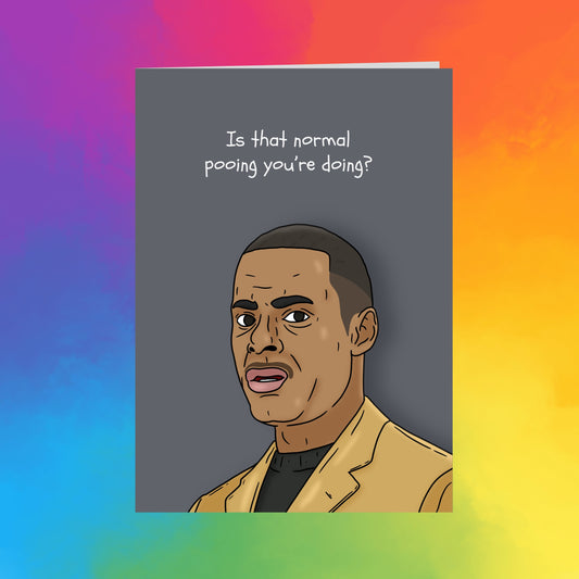 The image is a cartoon of a man with a serious expression, set against a colorful background.