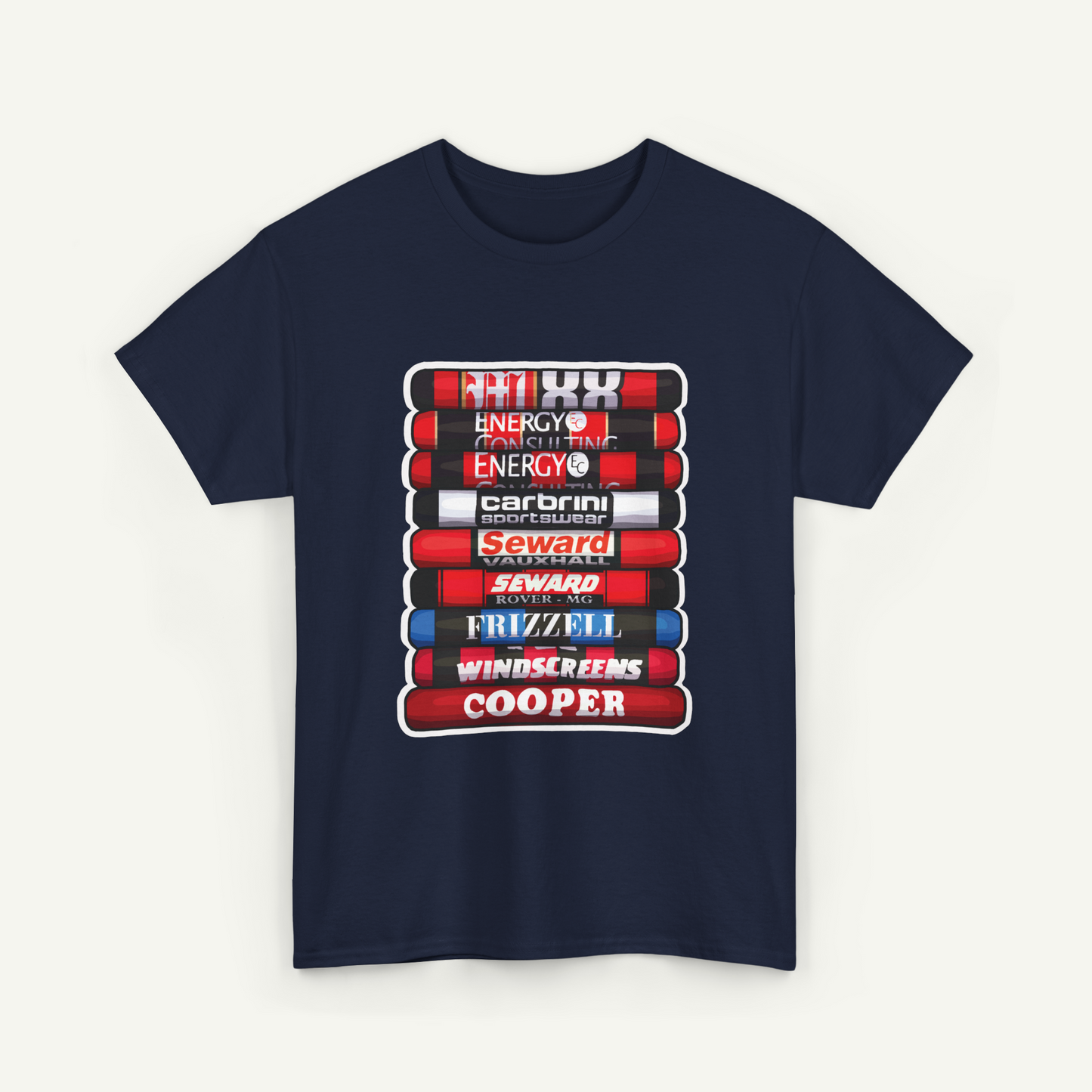 A navy blue t-shirt with a graphic design featuring a stack of red and white tubes with the text "COOPER" written on them.