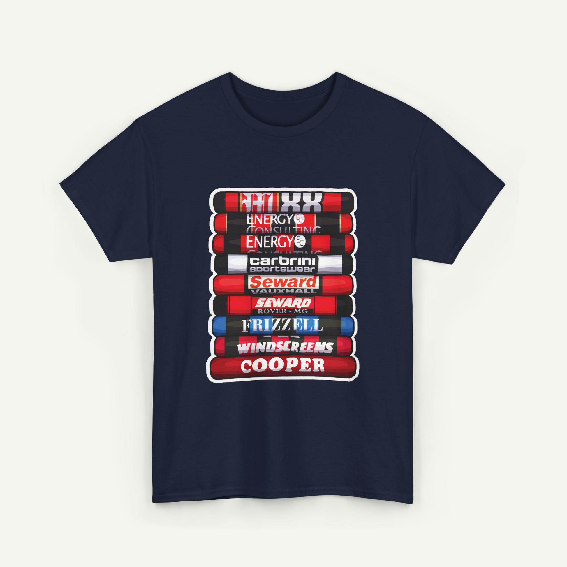 A navy blue t-shirt with a graphic design featuring a stack of red and white tubes with the text "COOPER" written on them.