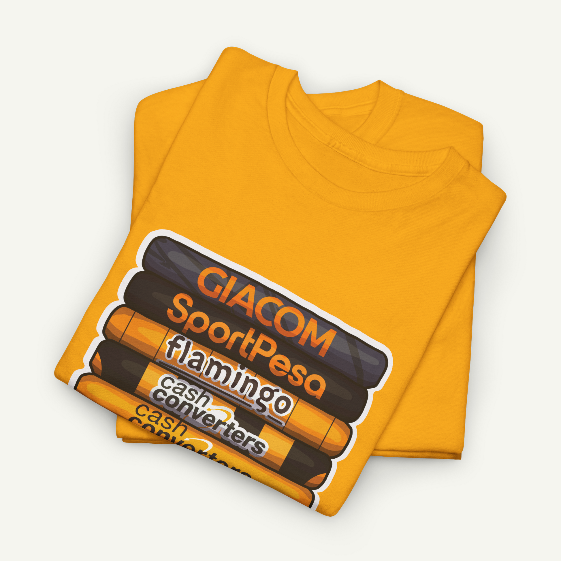 a pair of yellow t-shirts with a graphic design on them.