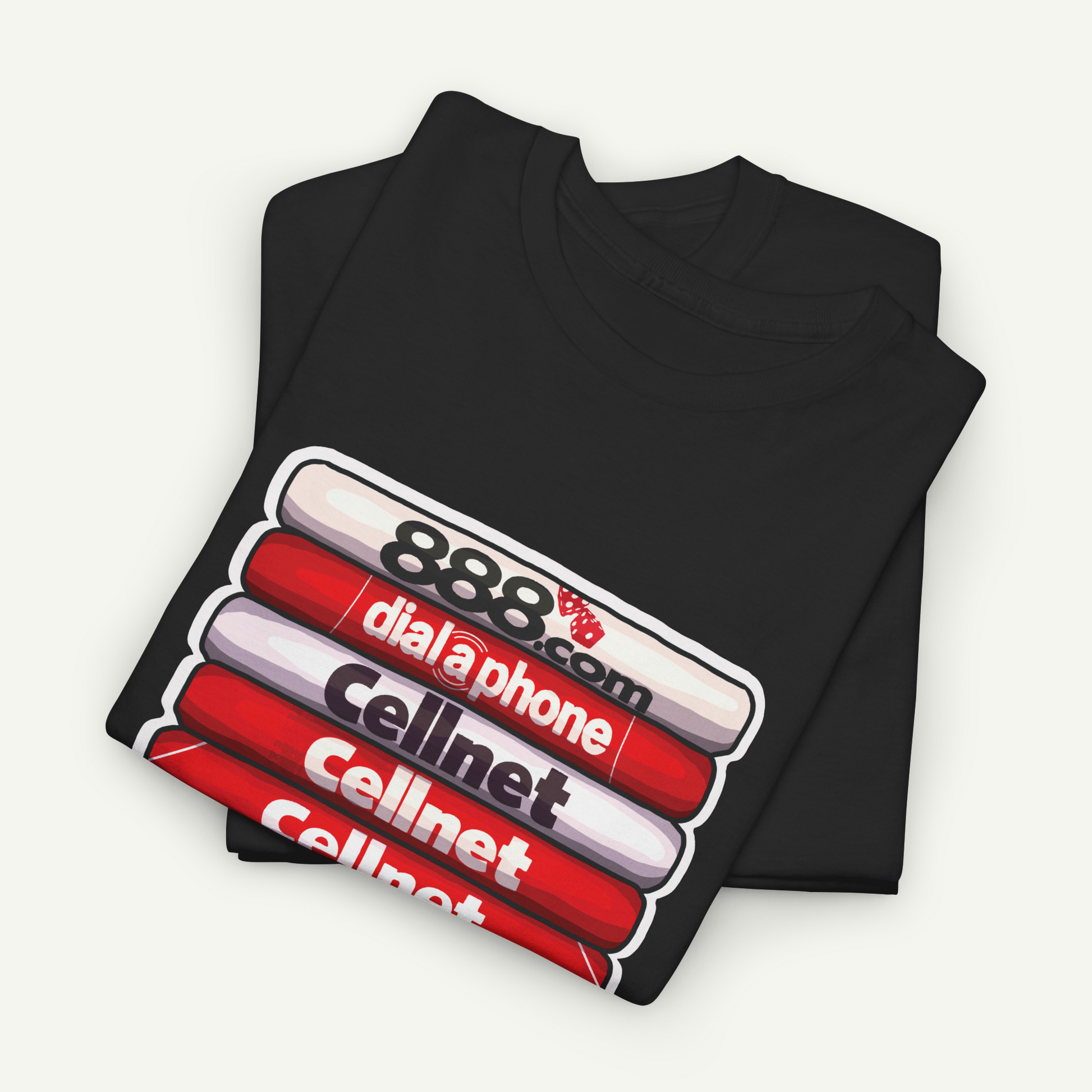 A black t-shirt with a graphic design featuring a stack of red and white books with the text "888 dial-a-phone" printed on them.