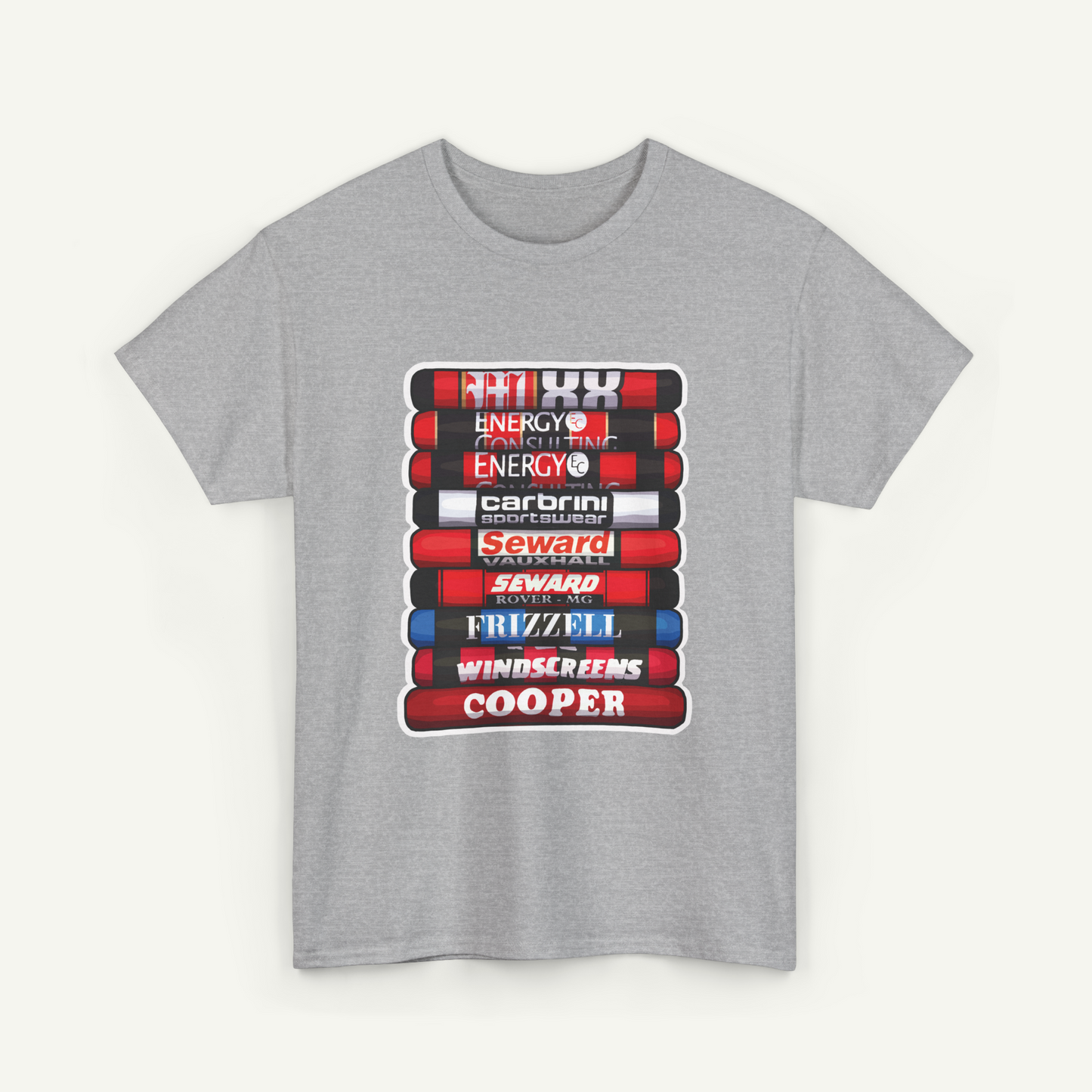 A gray t-shirt with a graphic design featuring a stack of red and white tubes with the text "CO2" printed on them.