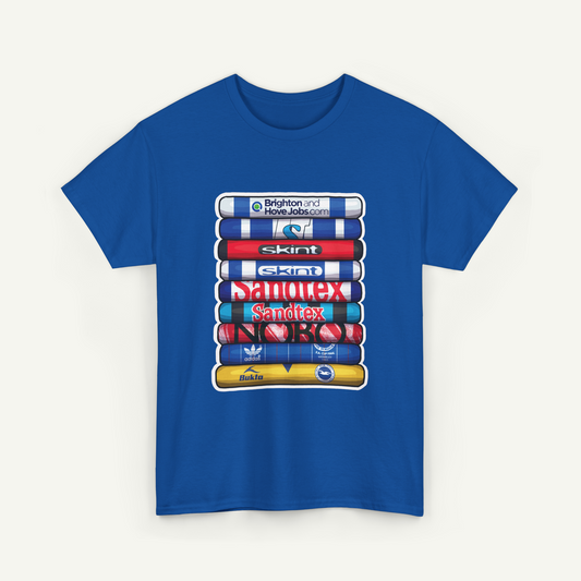 A blue t-shirt with a graphic design depicting a stack of colorful tubes or bottles, each with a different brand logo printed on it.