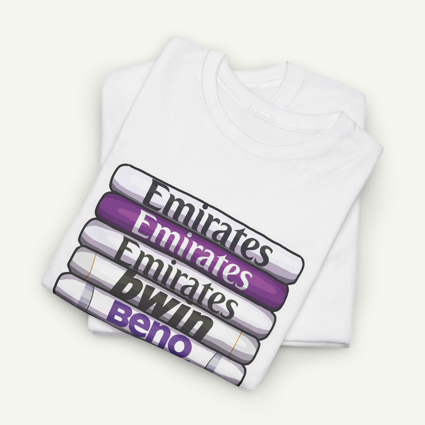 A white t-shirt with a graphic design featuring the text "Emirates", "Emirates", "DWIN", and "BENO" in purple and white colors.