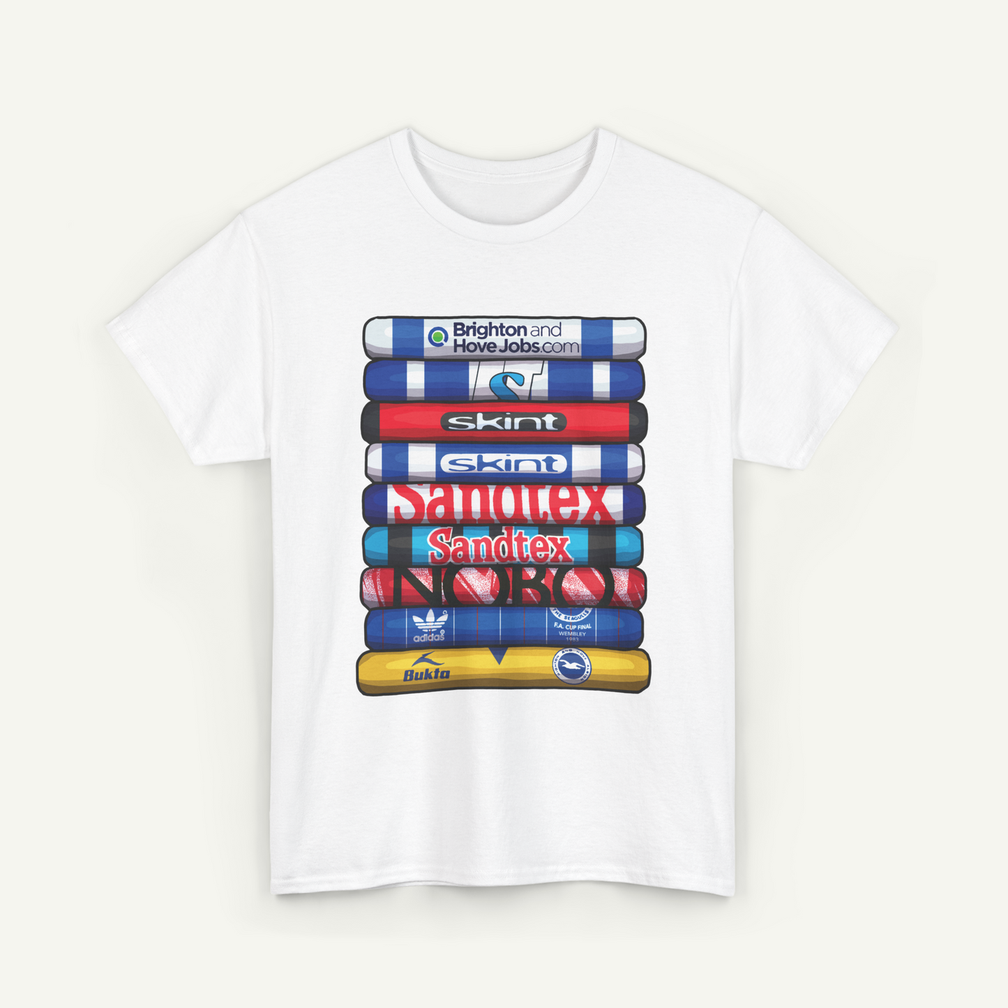 A white t-shirt with a graphic design featuring a stack of colorful tubes or bars, each displaying a different brand logo.
