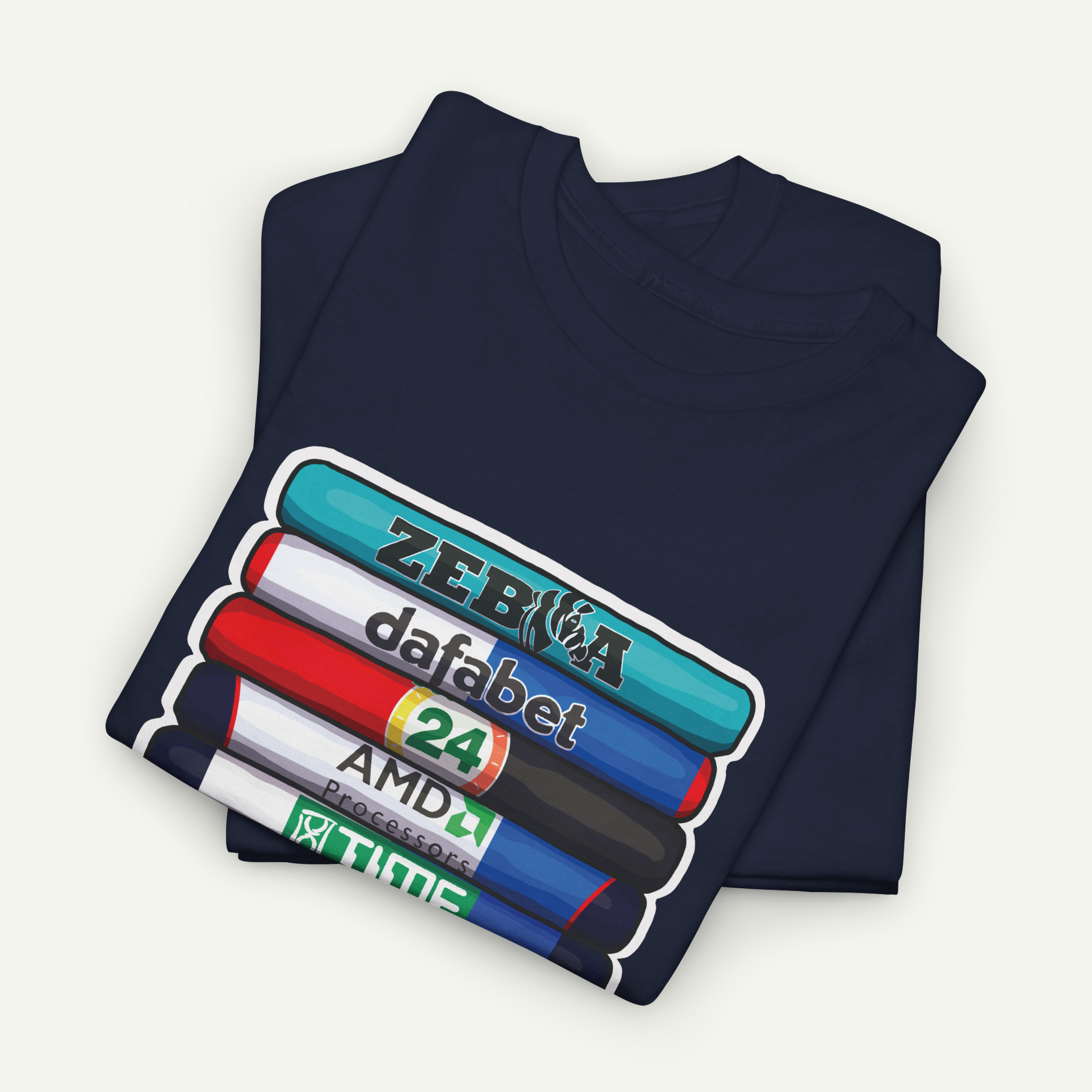 A navy blue t-shirt with a graphic design depicting a stack of colorful markers or highlighters, each with a different brand name printed on it.