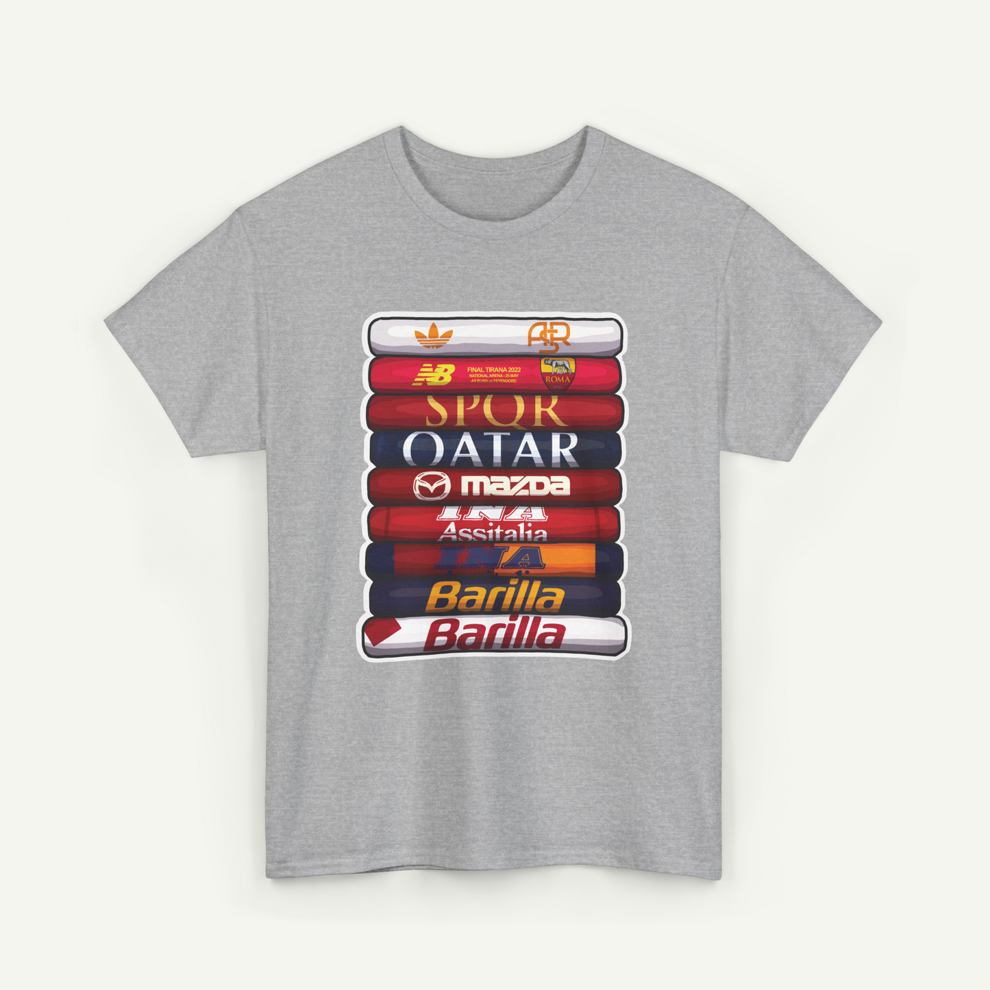 A gray t-shirt with a graphic design featuring a stack of various logos and text, including the logos of Nike, Adidas, SPOR, OAIAR, Mazda, and Barilla.