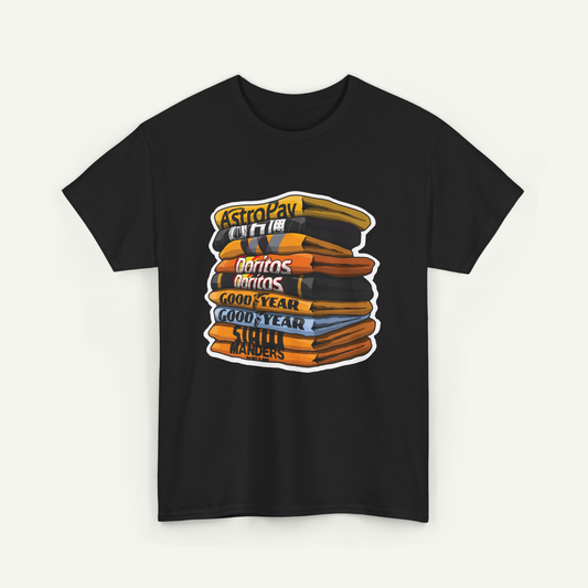 A black t-shirt with a graphic design depicting a stack of colorful books or books with various text on them.
